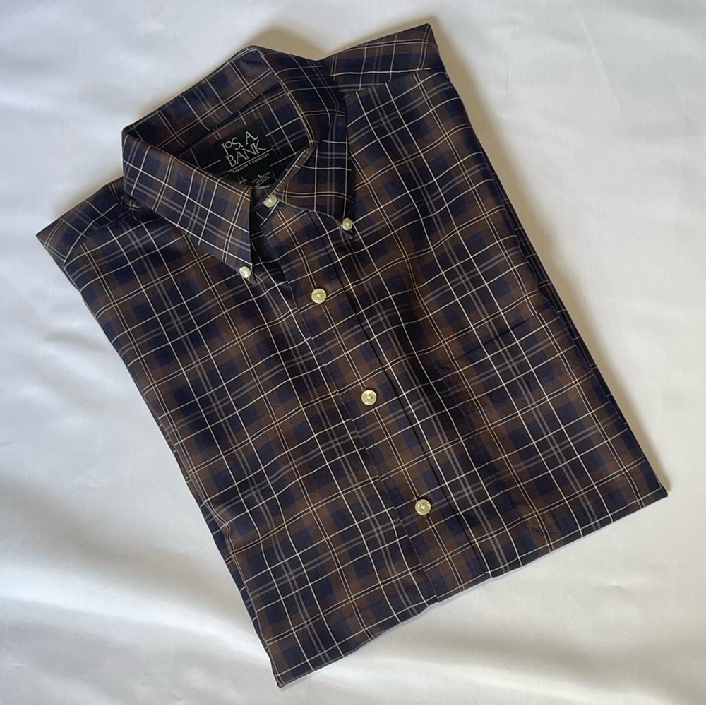 Jos. A. Bank Navy and Brown Plaid Long Sleeve Dress Shirt Sz L